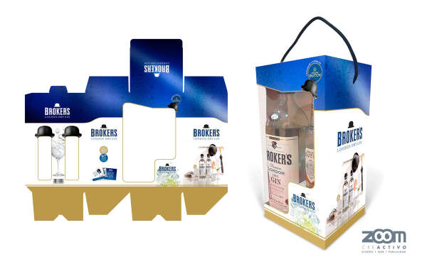 Diseño Packaging Pack Botella+vasos chupitos para la marca Broker's